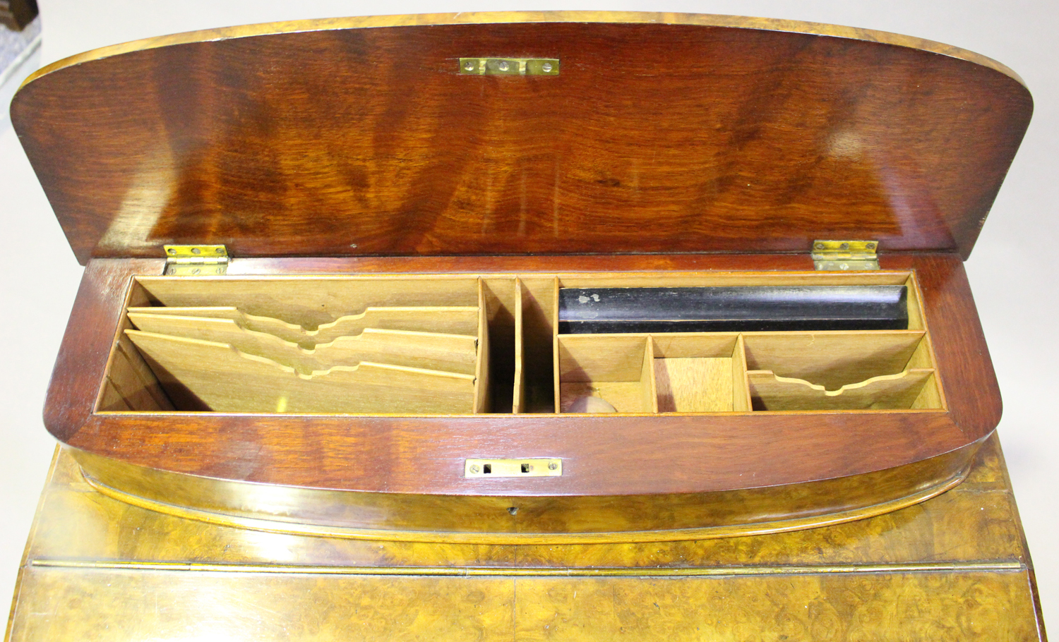 A late Victorian burr walnut Davenport, fitted with a hinged pen compartment and writing slope above - Image 5 of 8
