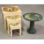 A modern green veined marble circular lamp table, the top decorated with flowers, height 45cm,
