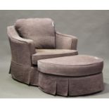 A modern tub back armchair and matching ottoman with pale purple removable covers, height 82cm,
