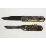 A 19th century nickel mounted folding lock knife with single-edged blade and stag antler grips,