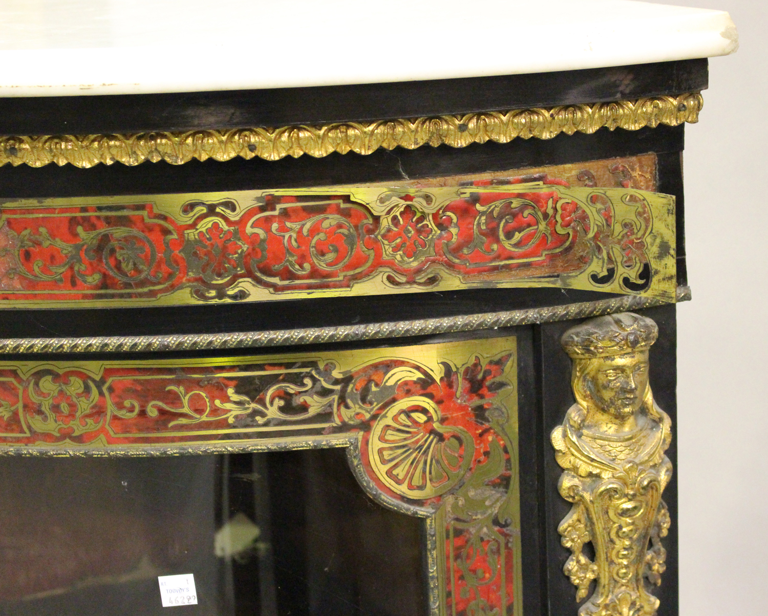 A mid/late 19th century ebonized boulle work corner display cabinet, the white marble top above a - Image 5 of 5