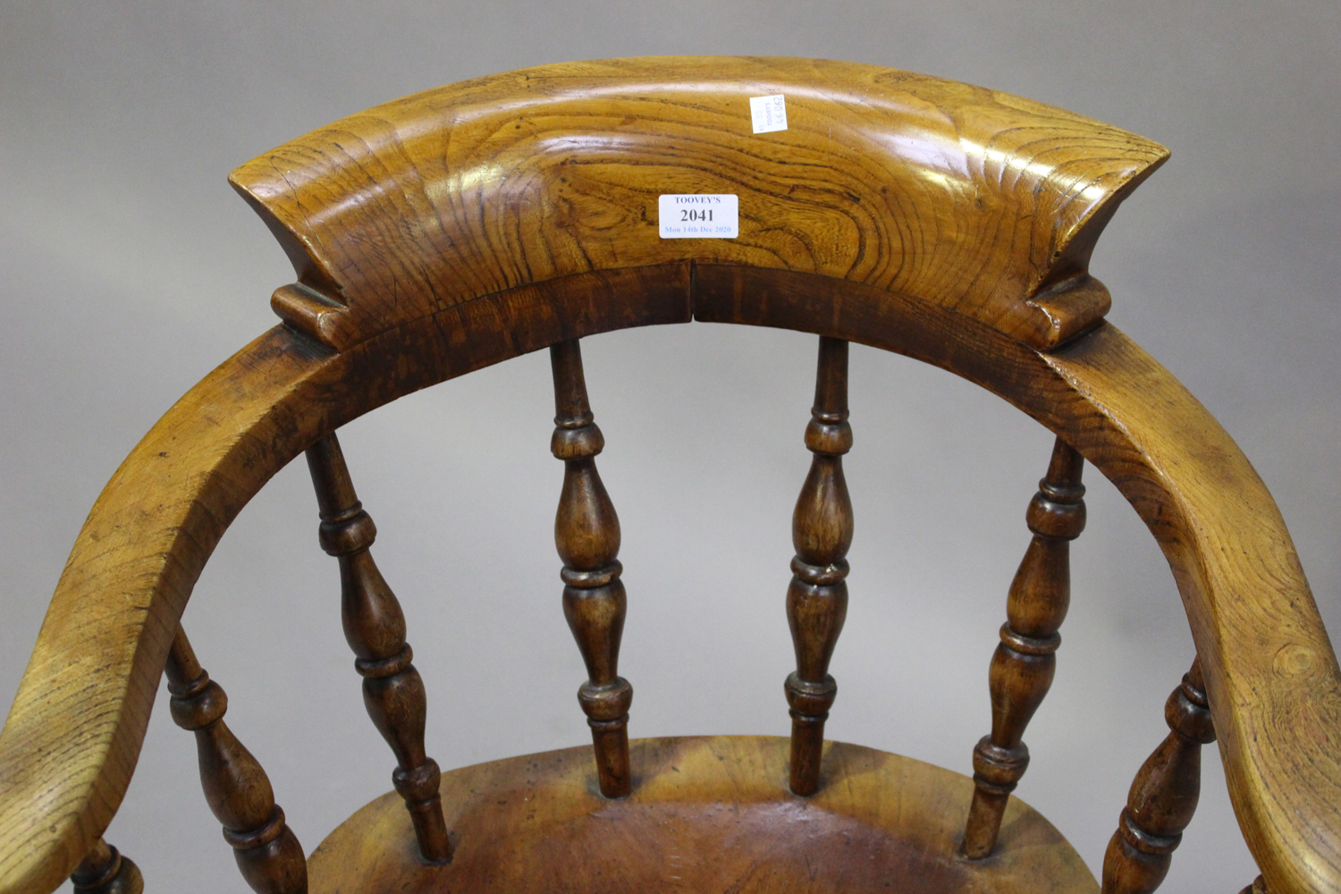 A mid-Victorian ash and elm tub back captain's chair, raised on turned legs, height 80cm, width - Image 2 of 3