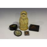 A small group of Russian items, comprising two papier-mâché boxes, two miniature icons and a Russian