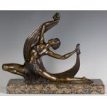 Jean Lormier - an Art Deco brown patinated cast bronze figure of a semi-clad dancer holding a