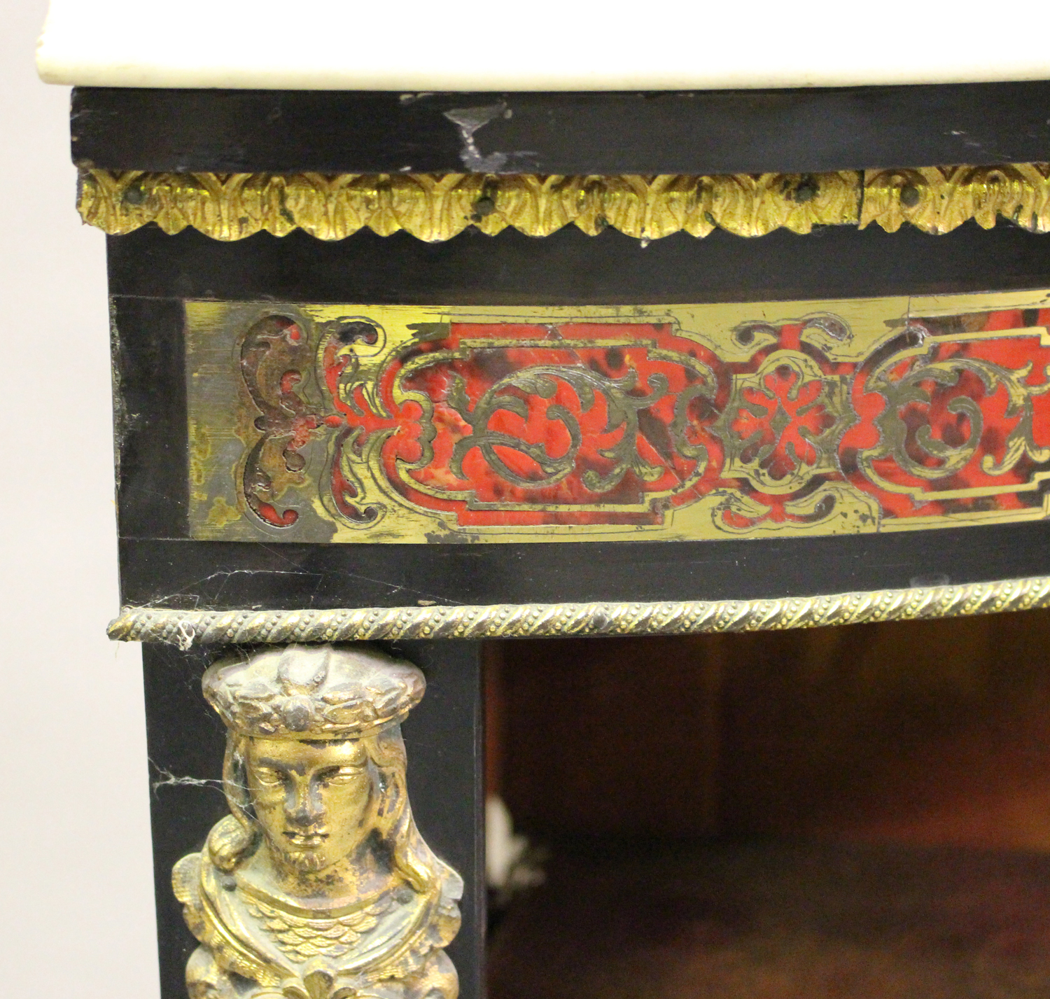 A mid/late 19th century ebonized boulle work corner display cabinet, the white marble top above a - Image 2 of 5