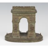 A late 19th century patinated cast bronze model of the Arc de Triomphe, raised on an oval base,