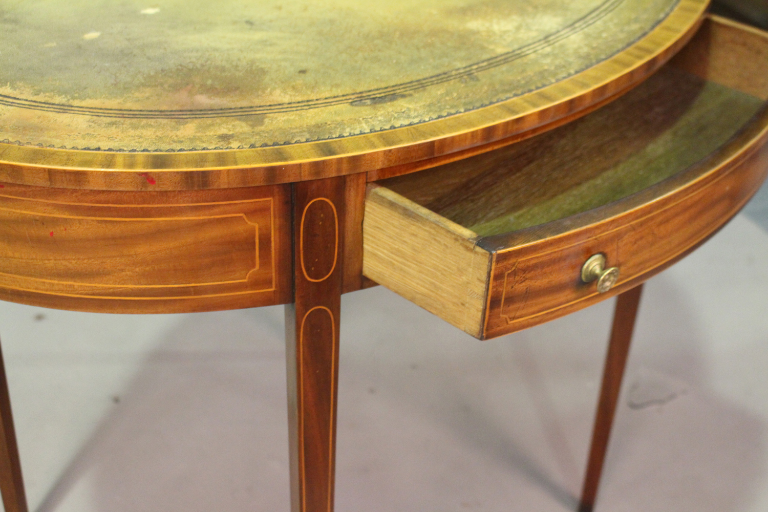 A George III mahogany oval writing table with overall boxwood stringing and inset green leather top, - Image 2 of 3