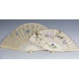A 19th century bone and silk folding fan, the sticks and panel finely painted with birds and