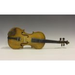 A violin, bearing interior label detailed 'George Cloz...', length of back excluding button 35.