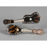 An early 20th century tortoiseshell, mother-of-pearl and bone model of a mandolin, length 15cm,