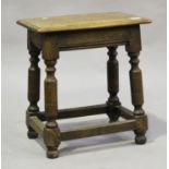 A 20th century fruitwood joint stool, on turned and block legs, height 47.5cm, width 45cm, depth