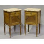 A pair of mid-20th century French walnut bedside cabinets with marble tops, height 80cm, width 45cm,