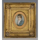 Samuel Shelley - a 19th century watercolour on ivory oval miniature portrait of a young man, 6.3cm x