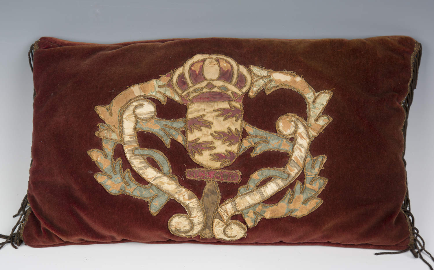 A group of four velvet cushions, purportedly made for the 1953 coronation and applied with 17th - Image 5 of 9