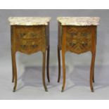 A pair of late 20th century French kingwood and floral inlaid bedside chests with shaped marble