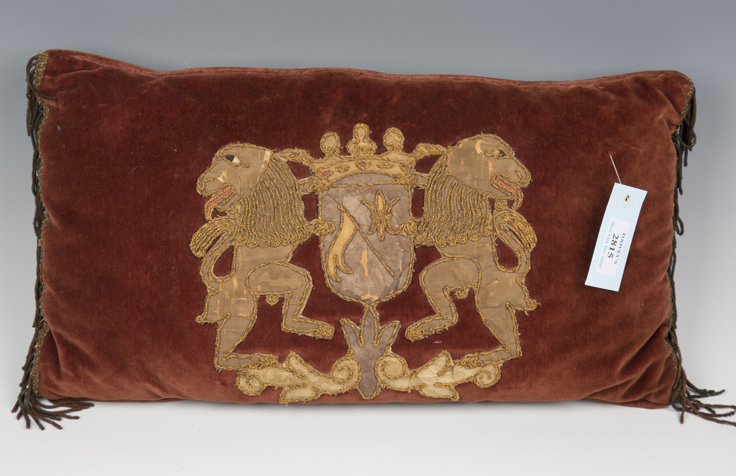 A group of four velvet cushions, purportedly made for the 1953 coronation and applied with 17th - Image 7 of 9