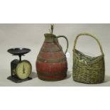 A 19th century coopered jug of ovoid form, height 41cm, a tole painted set of scales and a wicker