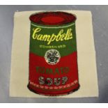 An Andy Warhol 'Campbell's Tomato Soup' machine made wall hanging, probably made in Denmark by Ege