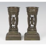 A pair of 19th century Neoclassical Revival patinated bronze spill vases, of classical brazier form,