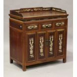 A 20th century Chinese stained softwood and bone inlaid side cabinet, the gallery back above three