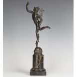 After Giambologna - a late 19th century Continental brown patinated cast bronze figure of Mercury,