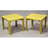 A pair of modern solid oak square occasional tables with curved corners, height 50cm, width 60cm.