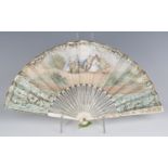 An early/mid-19th century Canton ivory and painted paper folding fan, the two guards finely carved