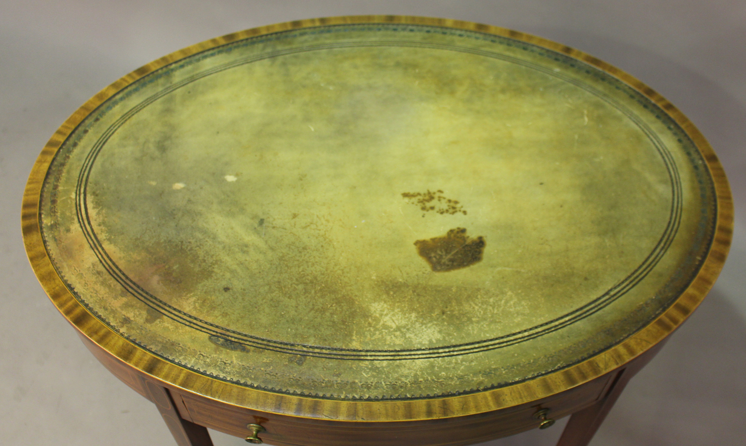 A George III mahogany oval writing table with overall boxwood stringing and inset green leather top, - Image 3 of 3