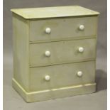 A late Victorian painted pine chest of three drawers by Heal & Son, maker's stamp to drawer,