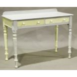 A late Victorian painted side table, fitted with two drawers, height 80cm, width 108cm, depth 48cm.