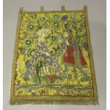 An early/mid-20th century stained cotton and gilt thread wall hanging depicting Tristan and Isolde