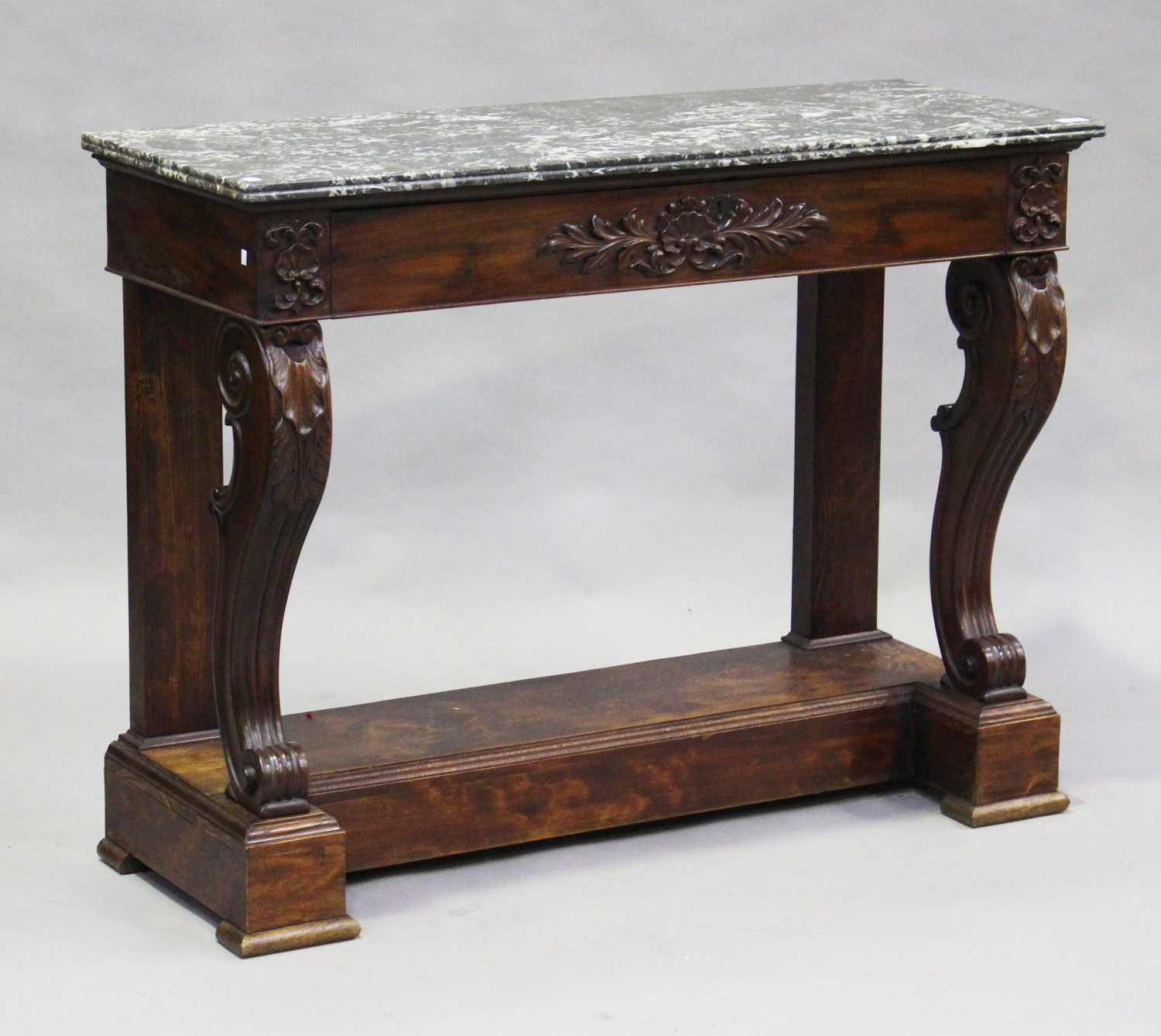 A mid-19th century French mahogany console table, the grey veined marble top above a single