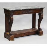 A mid-19th century French mahogany console table, the grey veined marble top above a single