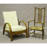 An early 20th century bentwood ash armchair, in the manner of Heals, with arched supports and