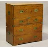 A 20th century hardwood and brass bound secrétaire campaign style chest, the sides with