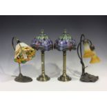 A pair of modern Tiffany style table lamps with leaded and stained glass shades, height 45cm,