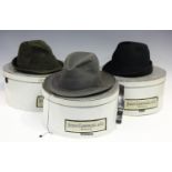A group of three Julius Garfinckel & Co card hat boxes, containing two felt hats, detailed 'Creation