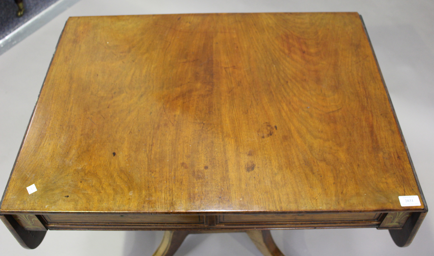 A Regency mahogany and brass inlaid sofa table with ebony stringing and oak-lined drawers, height - Image 3 of 4