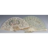 A 19th century bone and painted gauze folding fan, the guards and sticks painted and gilt with