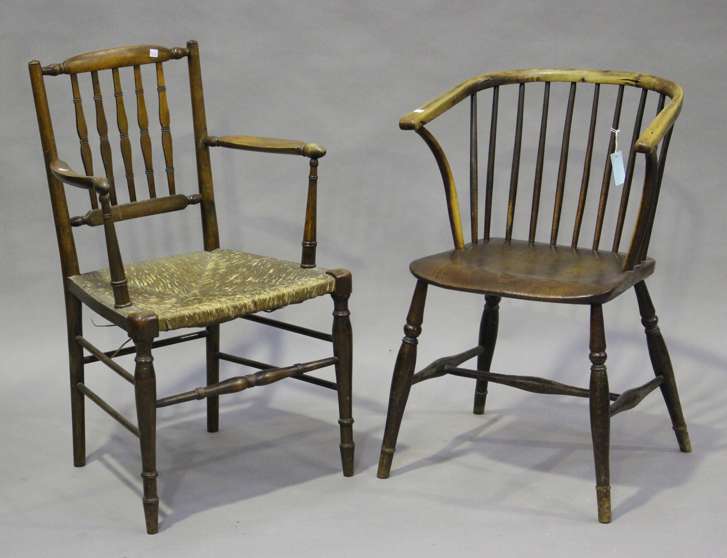 A 19th century ash and elm stick and hoop back Windsor elbow chair, on turned legs, height 82cm,