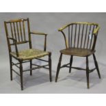 A 19th century ash and elm stick and hoop back Windsor elbow chair, on turned legs, height 82cm,