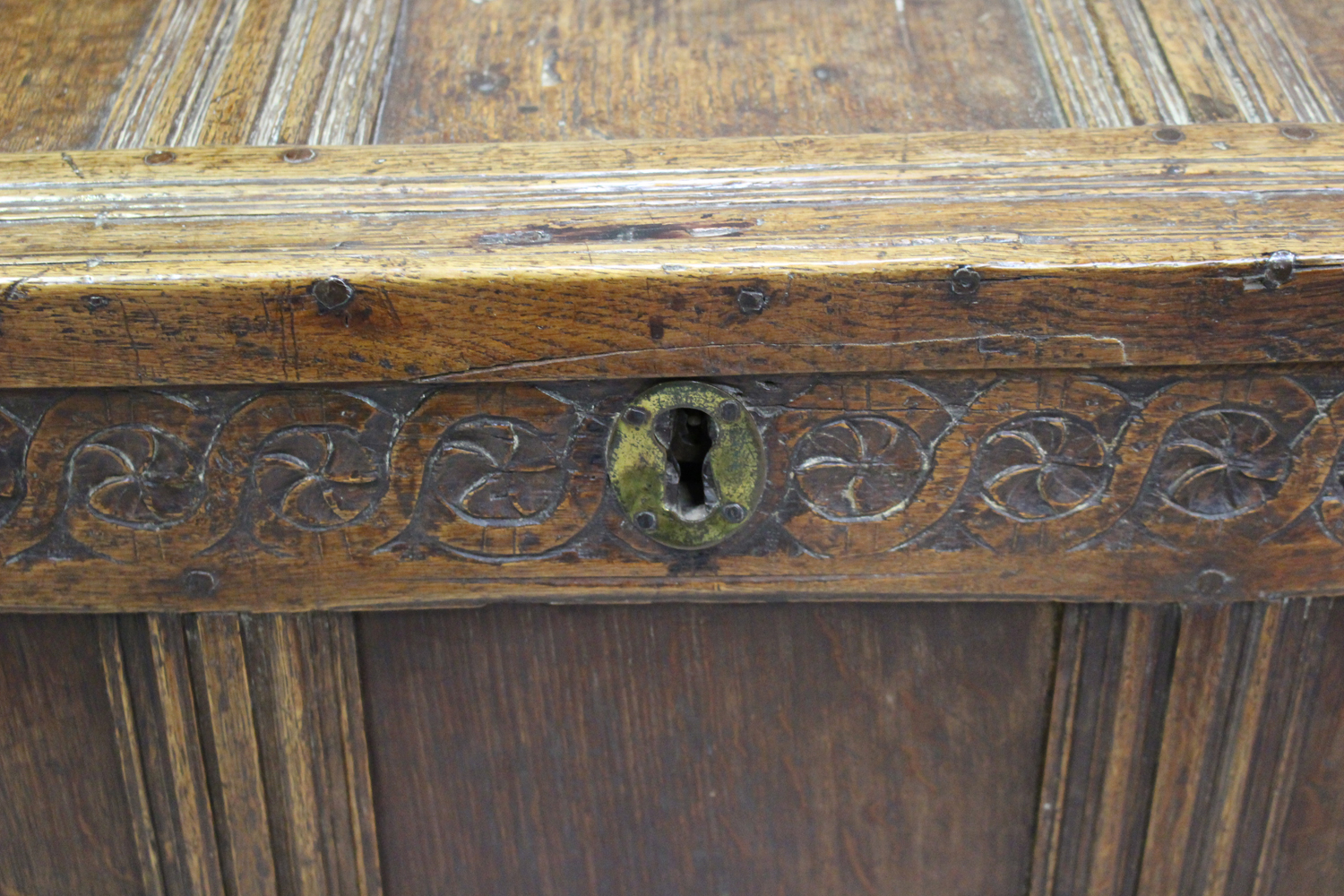 A late 17th century oak panelled coffer, the frieze carved with guilloche band above a triple- - Bild 2 aus 5