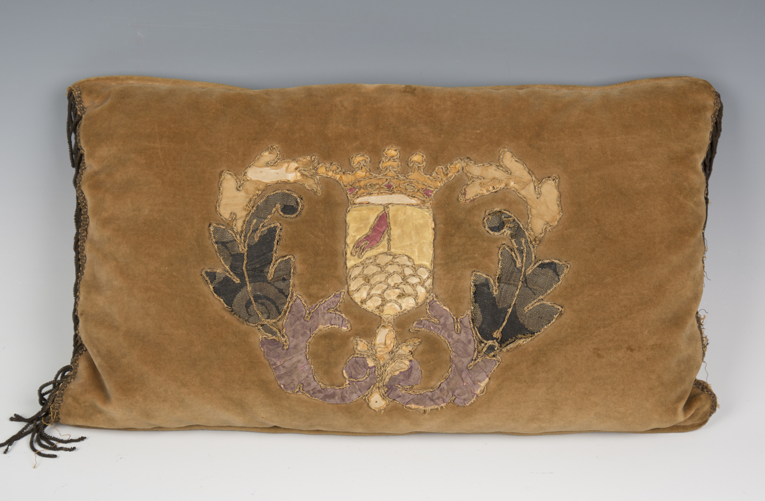 A group of four velvet cushions, purportedly made for the 1953 coronation and applied with 17th - Image 3 of 9