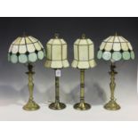 A pair of modern brushed brass table lamps with stained glass shades, height 51cm, together with