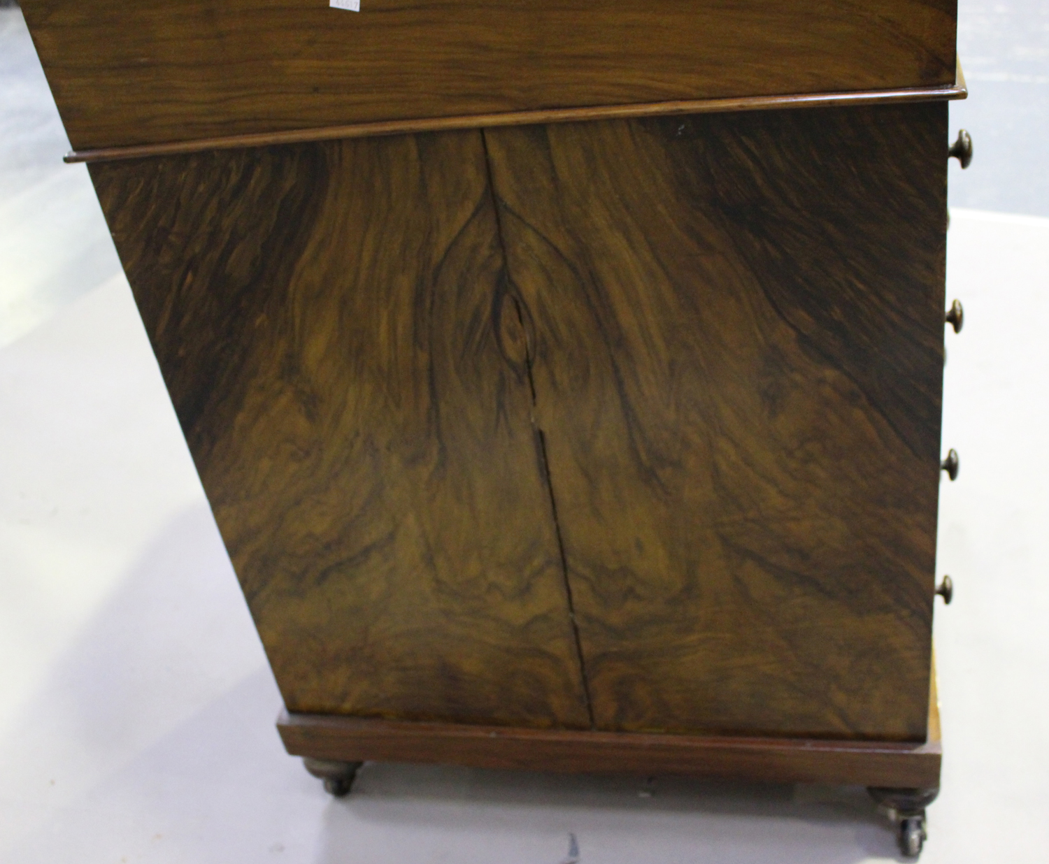 A late Victorian burr walnut Davenport, fitted with a hinged pen compartment and writing slope above - Image 2 of 8