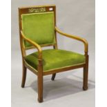 A 20th century French Empire style walnut framed elbow chair with applied gilt metal mount, height