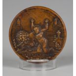 A late 18th century French pressed maple circular snuff box and cover, the lid decorated with 'Le