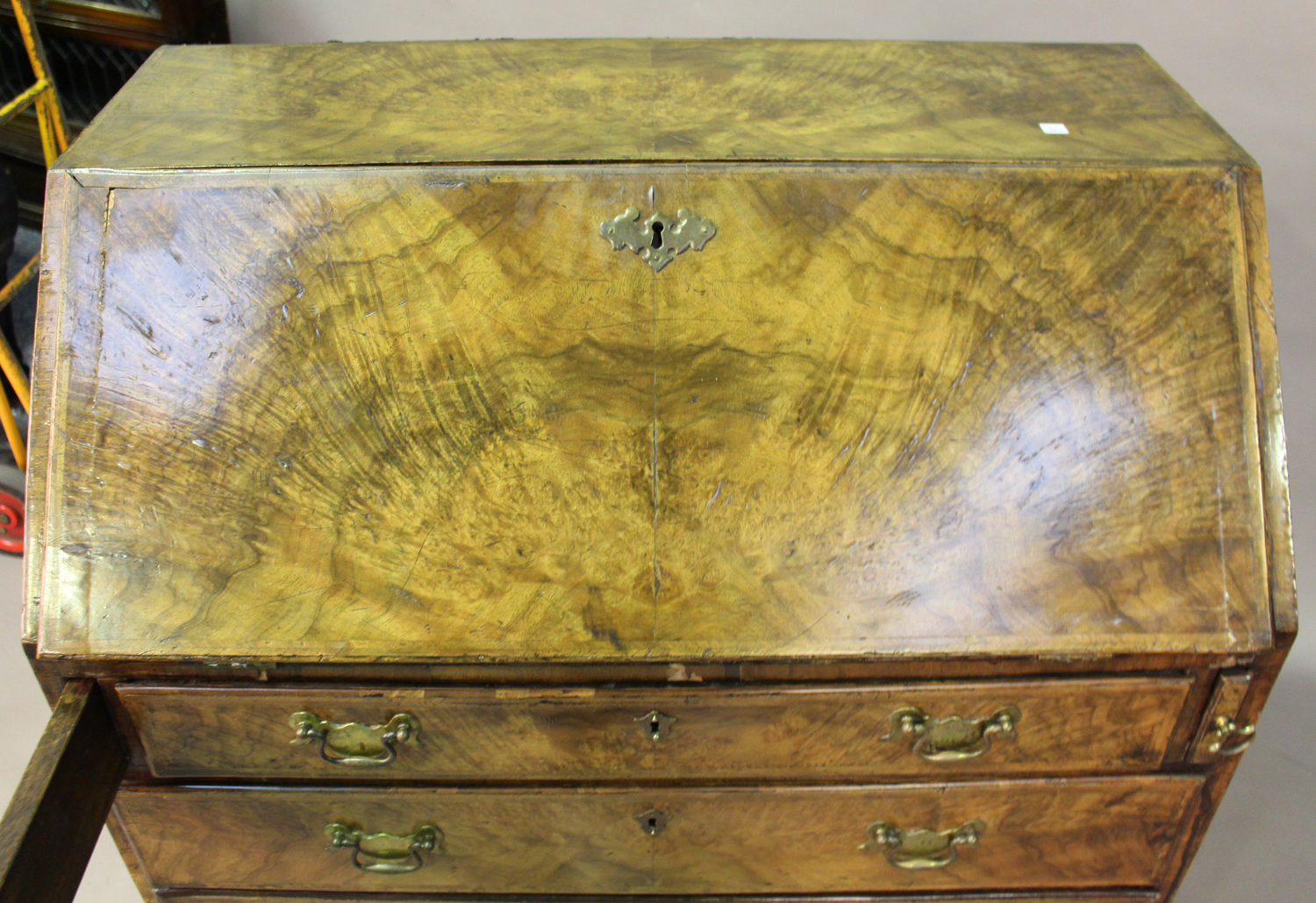 A George I walnut bureau with feather banded borders, the fall-flap enclosing a fitted interior, - Image 2 of 5