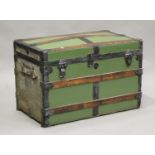 A late 19th century green painted and wooden bound trunk, height 54cm, width 82cm, depth 48cm.
