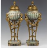 A pair of early 20th century Continental Neoclassical Revival green fluorite and cast ormolu mounted